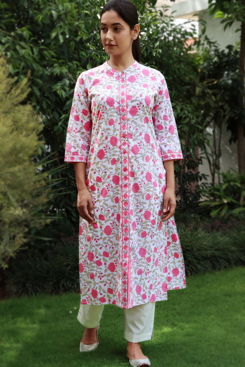 Cambric Cotton Kurta In Floral Block Print